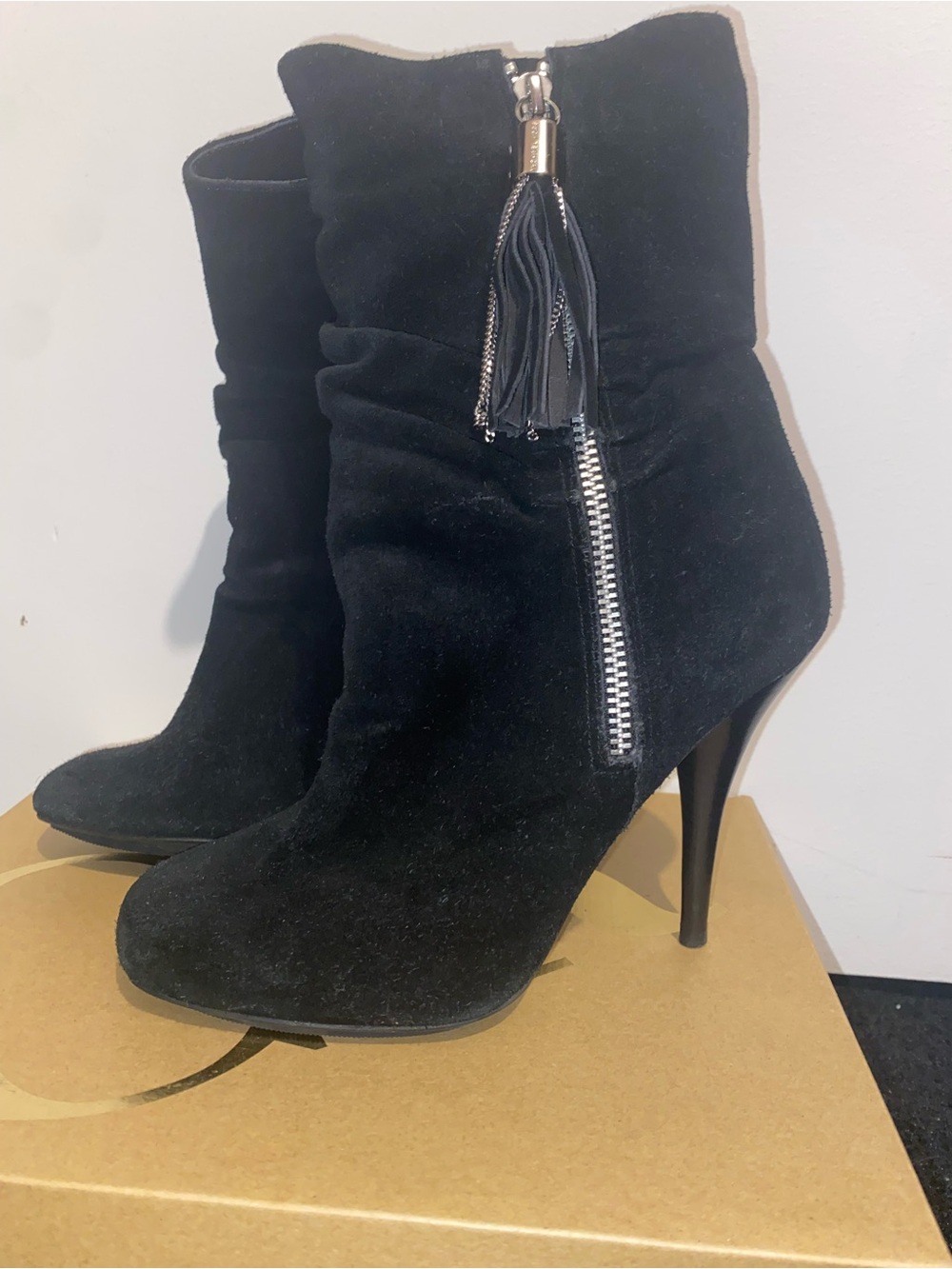 Michael Kors Black Suede Tassel Zip Stiletto Ankle Boots
